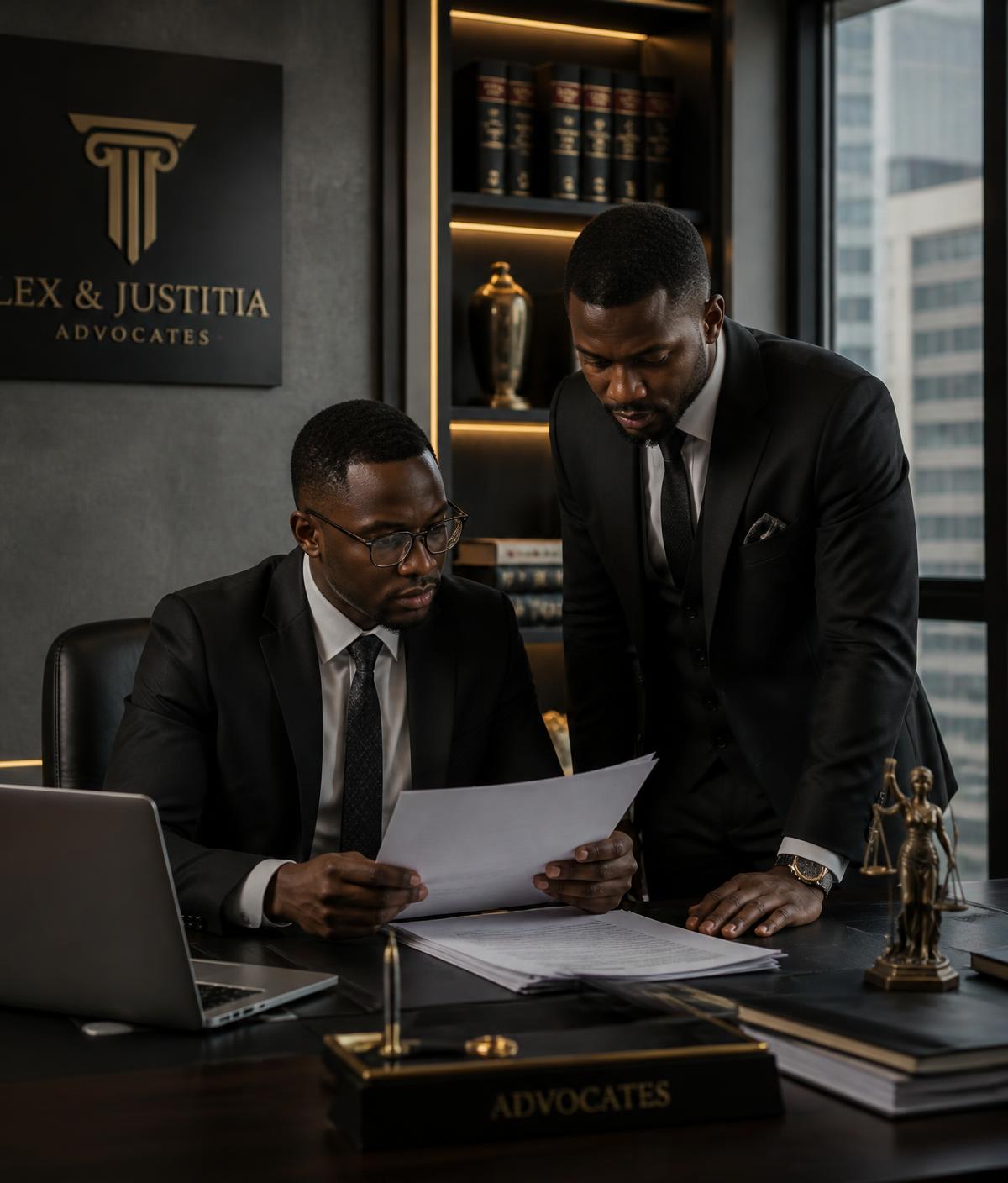 Two lawyers reviewing case documents at C and D Law Firm