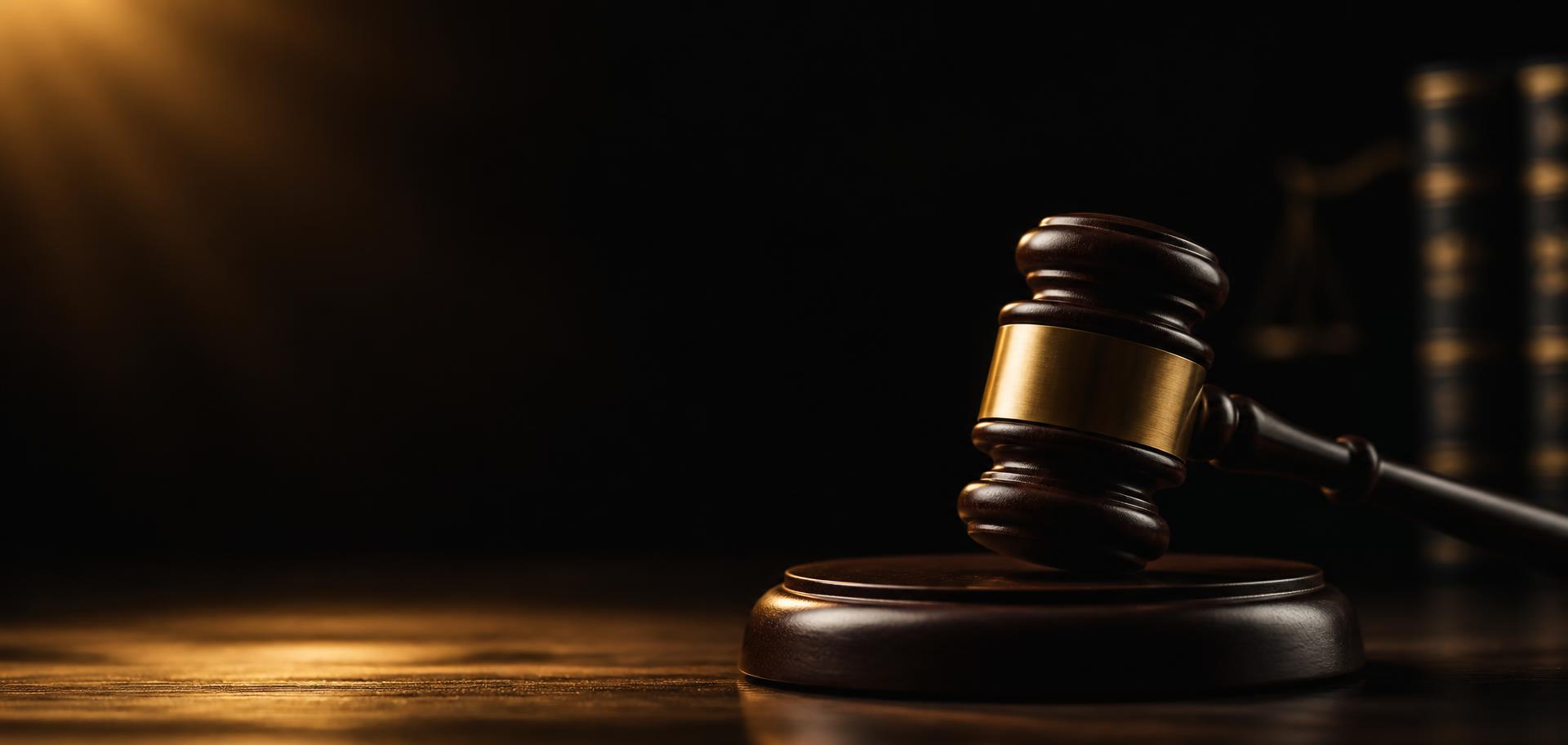 Gavel resting on a wooden bench in low golden light