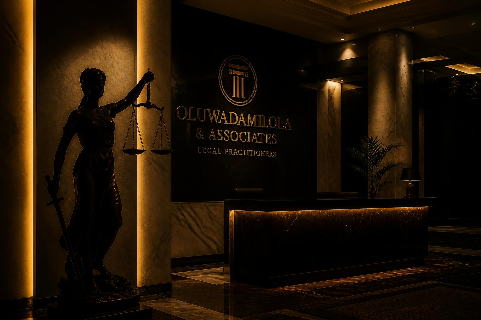Reception of C and D Law Firm with a statue of Lady Justice